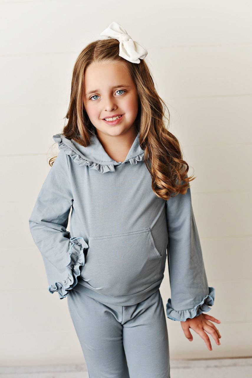 Kids Blue Gray Hooded Ruffle Pocket Fall Winter Lounge