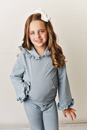 Kids Blue Gray Hooded Ruffle Pocket Fall Winter Lounge