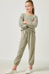 Girls Drawstring Waist Brushed Striped Jogger