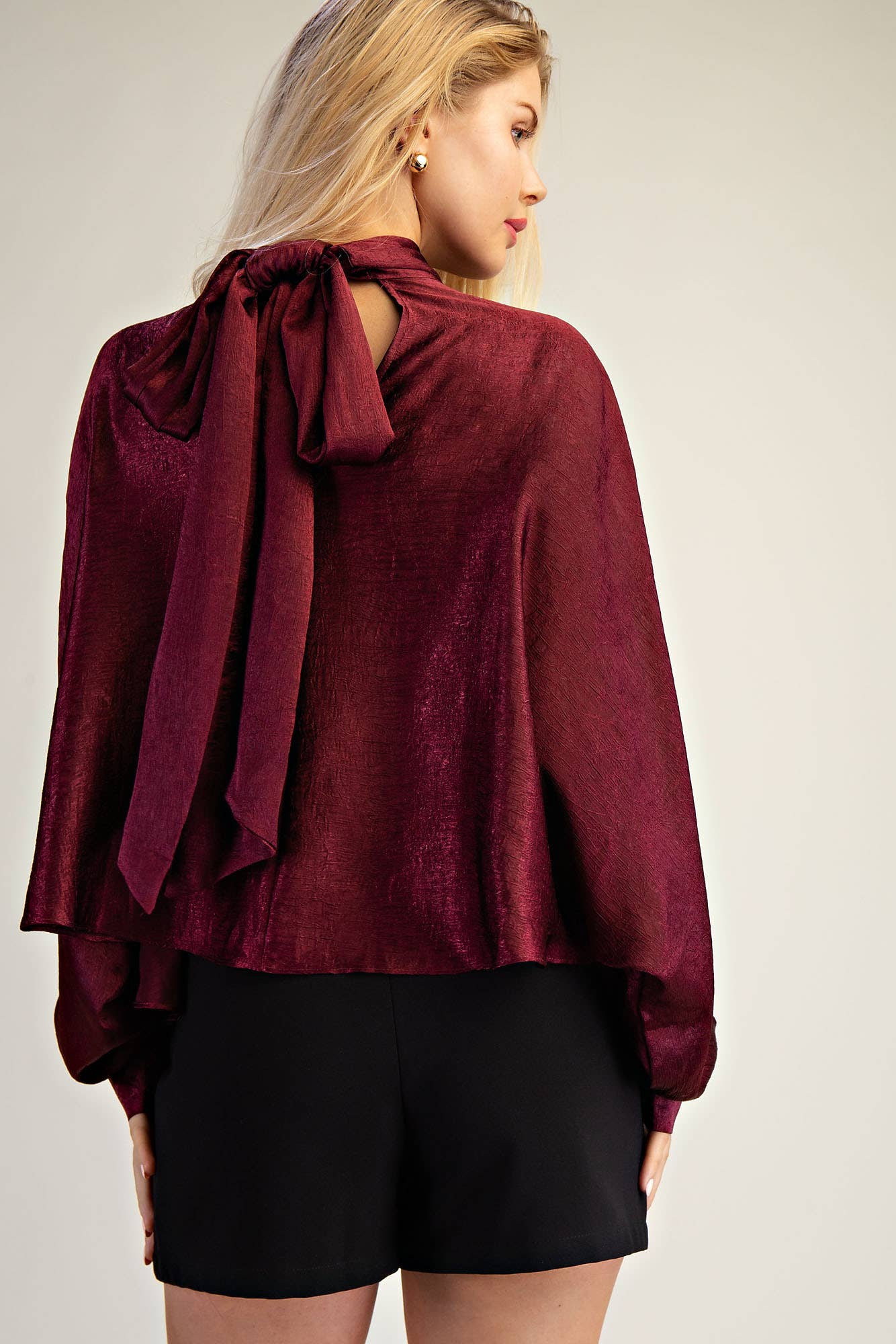 Draped Stand-up Collar Ties At Back Blouse