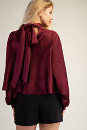 Draped Stand-up Collar Ties At Back Blouse