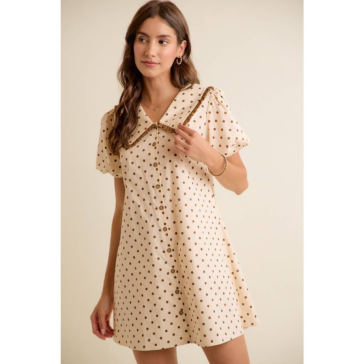 POLKA DOT PETER PAN RUFFLED COLLAR PUFF SLEEVES DRESS