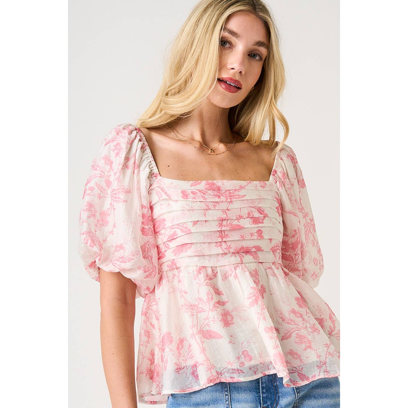 FLORAL PRINT PLEAT DETAIL PUFF SLEEVE BABYDOLL TOP