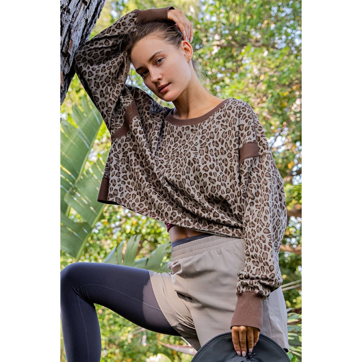 ANIMAL PRINT TERRY OPEN BACK LONG SLEEVE TOP
