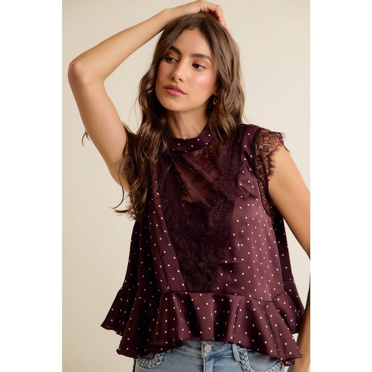 POLKA DOT SATIN LACE TOP: WINE/PINK