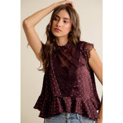 POLKA DOT SATIN LACE TOP: WINE/PINK