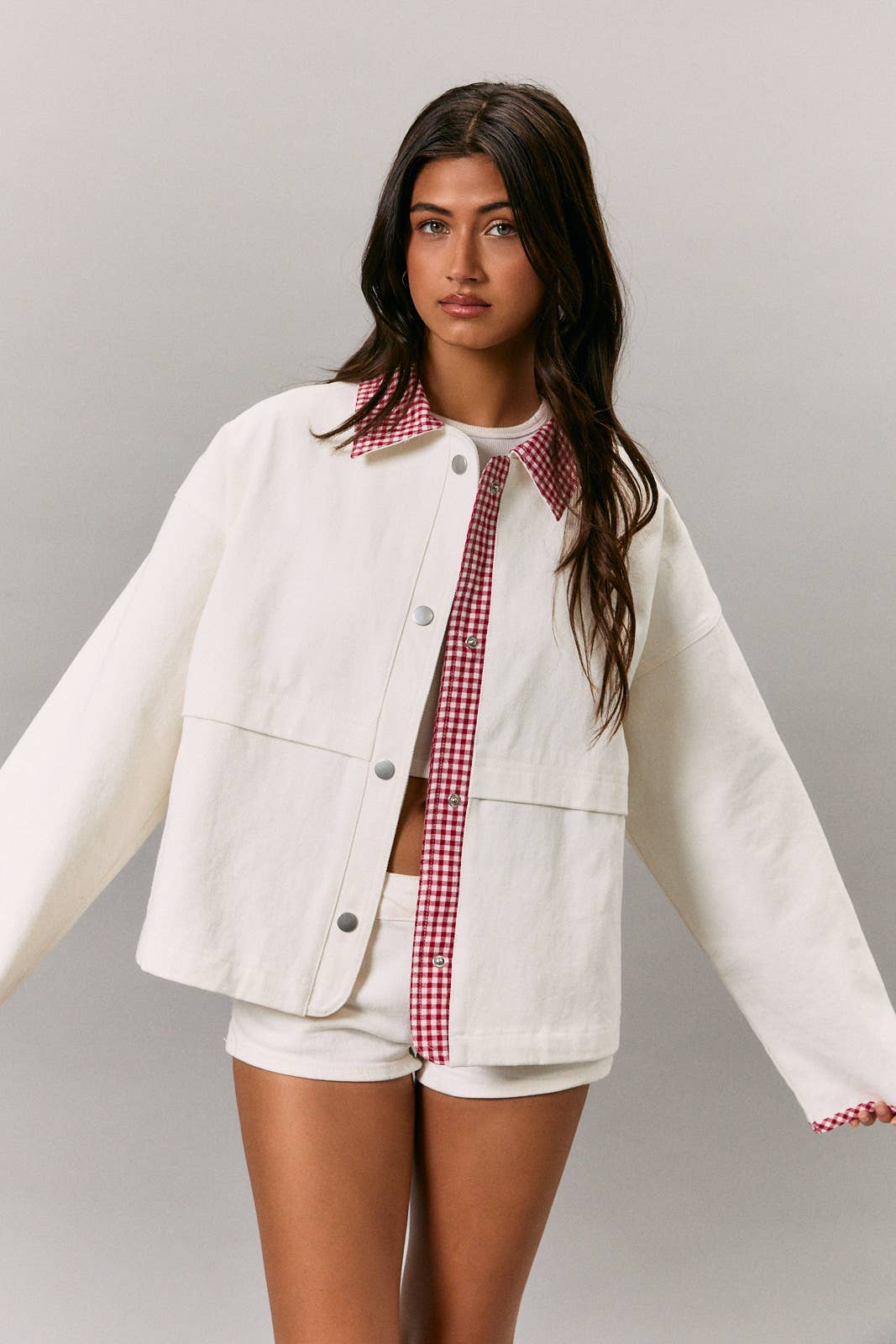 JACKET WITH GINGHAM CONTRAST: WHITE-ORANGE / M