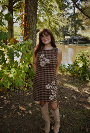 COUNTRYSIDE EMBROIDERED PLAID FITTED MINI DRESS