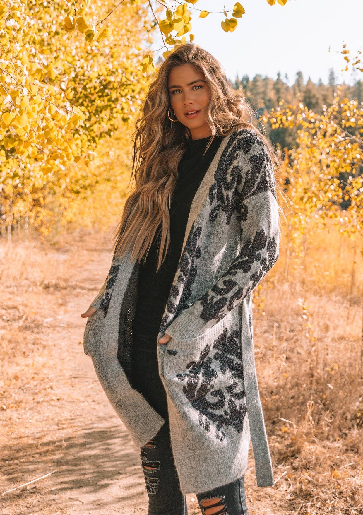 Metallic Floral Long Sleeve Belted Cardigan