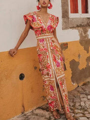 Stylish Ruffled Split Positional Print Backless Dress