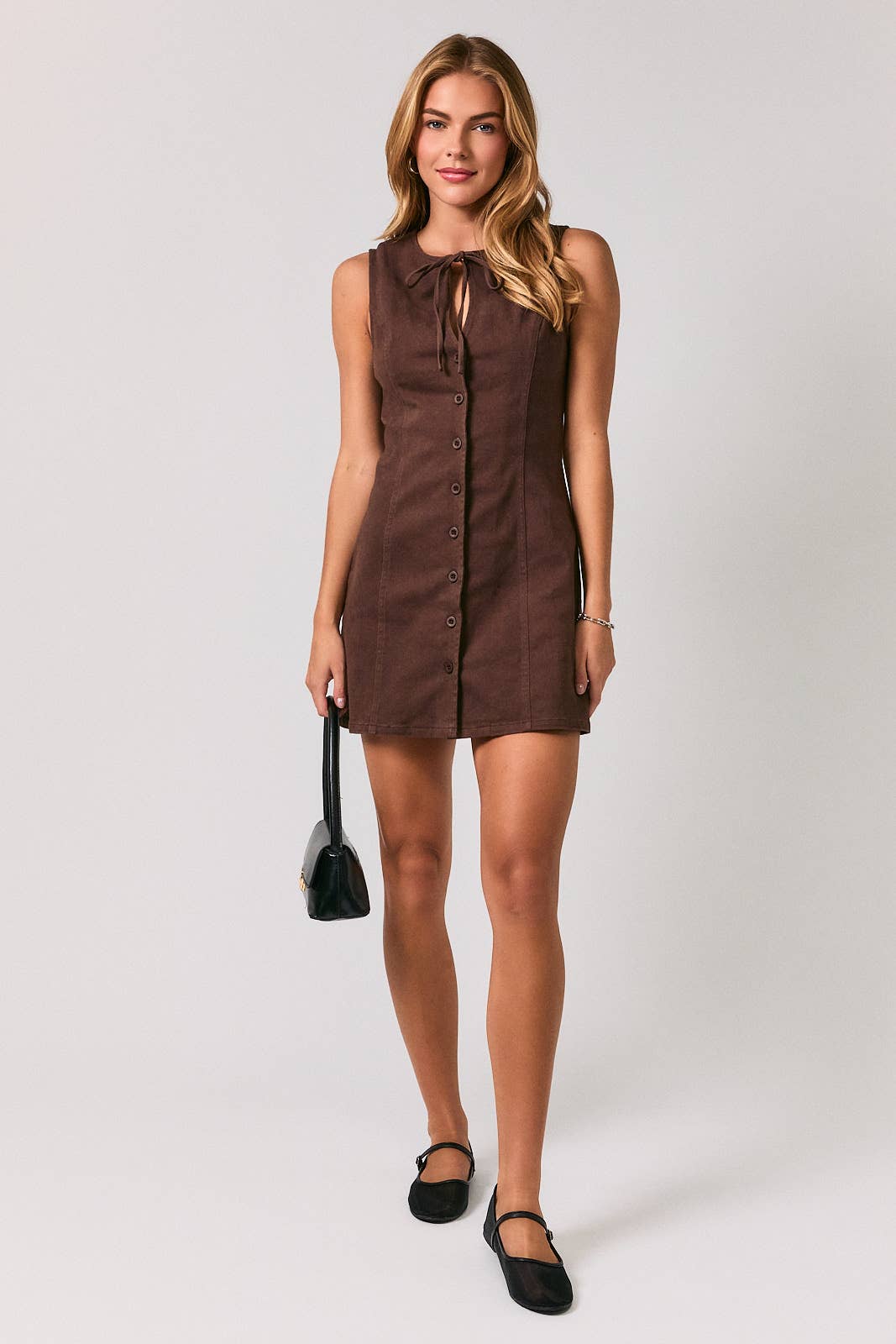 BOW DETAIL SLEEVELESS BUTTON DOWN DRESS