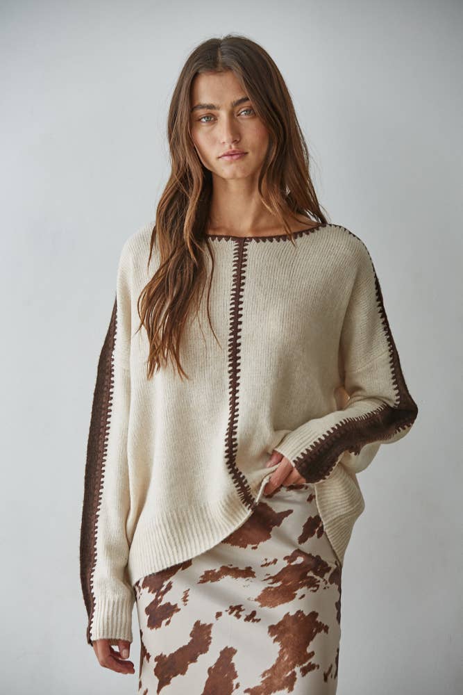 W2356 | Knit Sweater Pullover Top With Stitch Detail: Light Beige