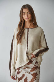 W2356 | Knit Sweater Pullover Top With Stitch Detail: Light Beige