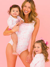 Women's Bubblegum Pink Butterfly Garden Toile Ruffle One Piece Swimsuit