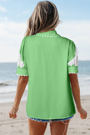 Floral Ric Rac Edge Puff Sleeve Button Up Top