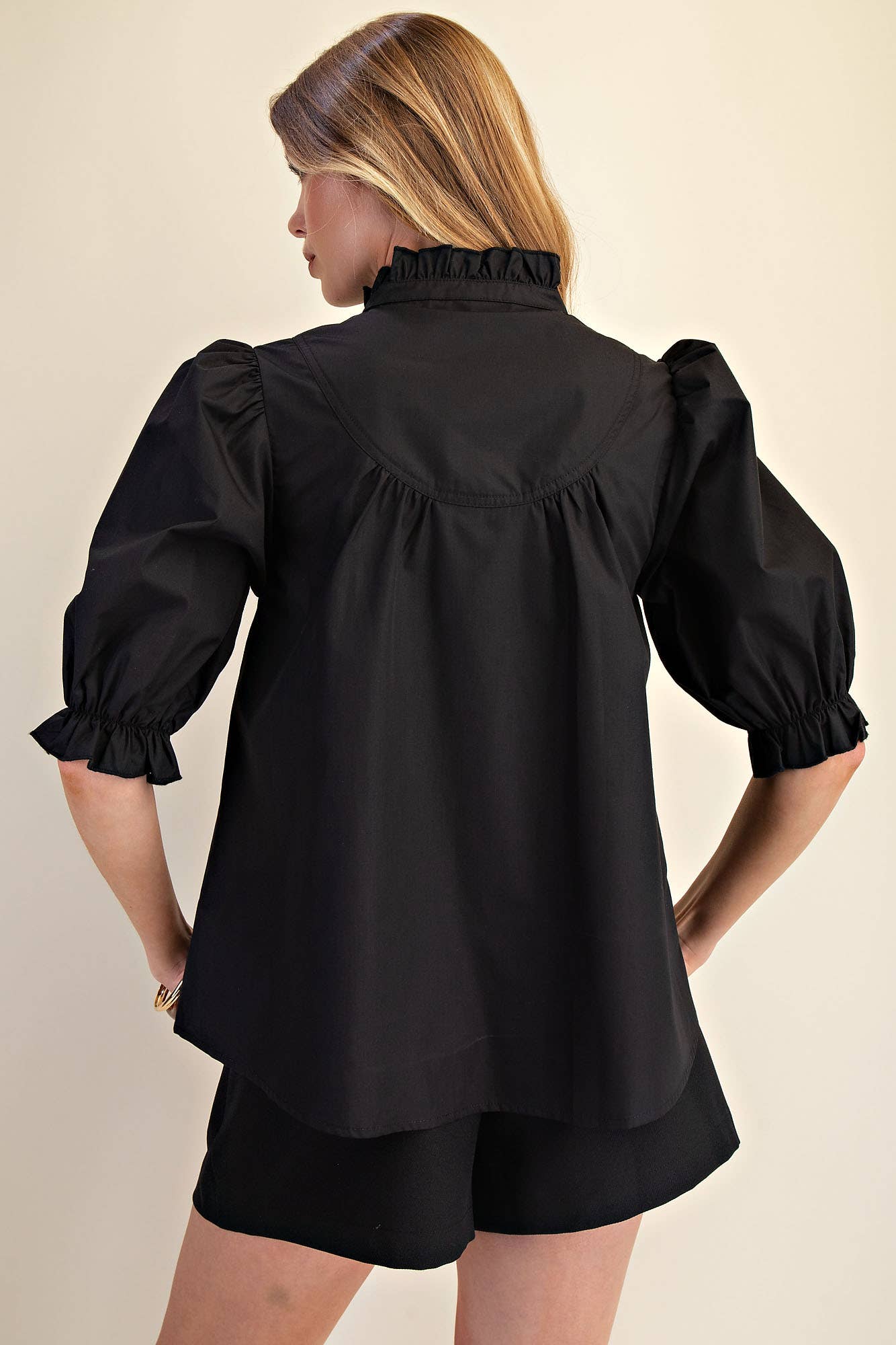 Round Neck Front Button Short Sleeve Top - Black