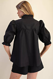 Round Neck Front Button Short Sleeve Top - Black