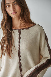 W2356 | Knit Sweater Pullover Top With Stitch Detail: Light Beige