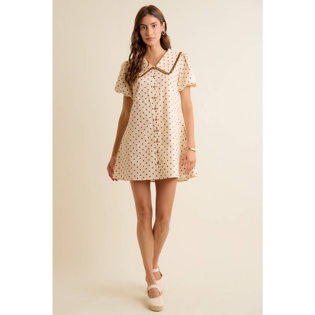 POLKA DOT PETER PAN RUFFLED COLLAR PUFF SLEEVES DRESS