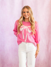 Pink Bow Print Stitch Trim Sweater