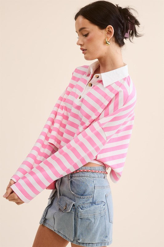 Striped Cropped Polo - Pink