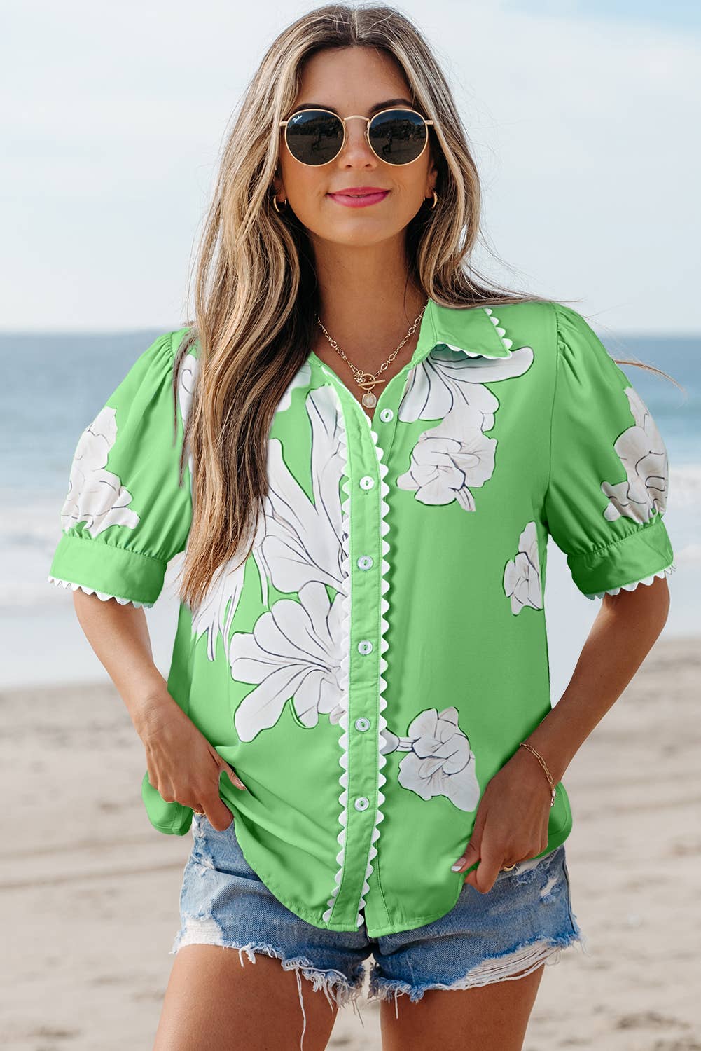 Floral Ric Rac Edge Puff Sleeve Button Up Top