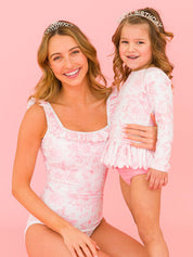 Women's Bubblegum Pink Butterfly Garden Toile Ruffle One Piece Swimsuit