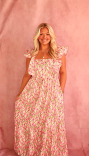 Pink Floral Print Square Neck Ruffled Strap Maxi Dress