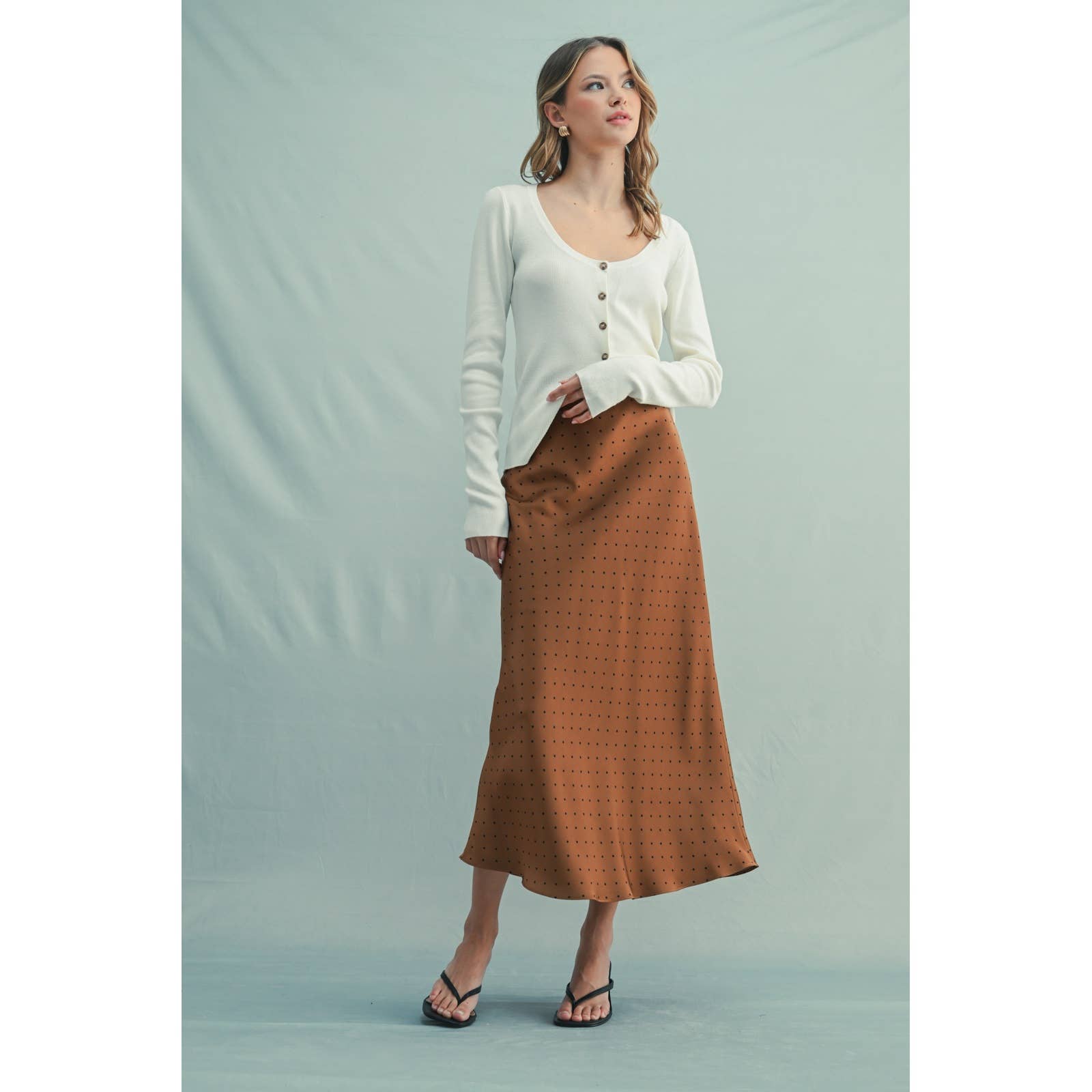 POLKA DOT SATIN MIDI SKIRT CHOCO/BLACK