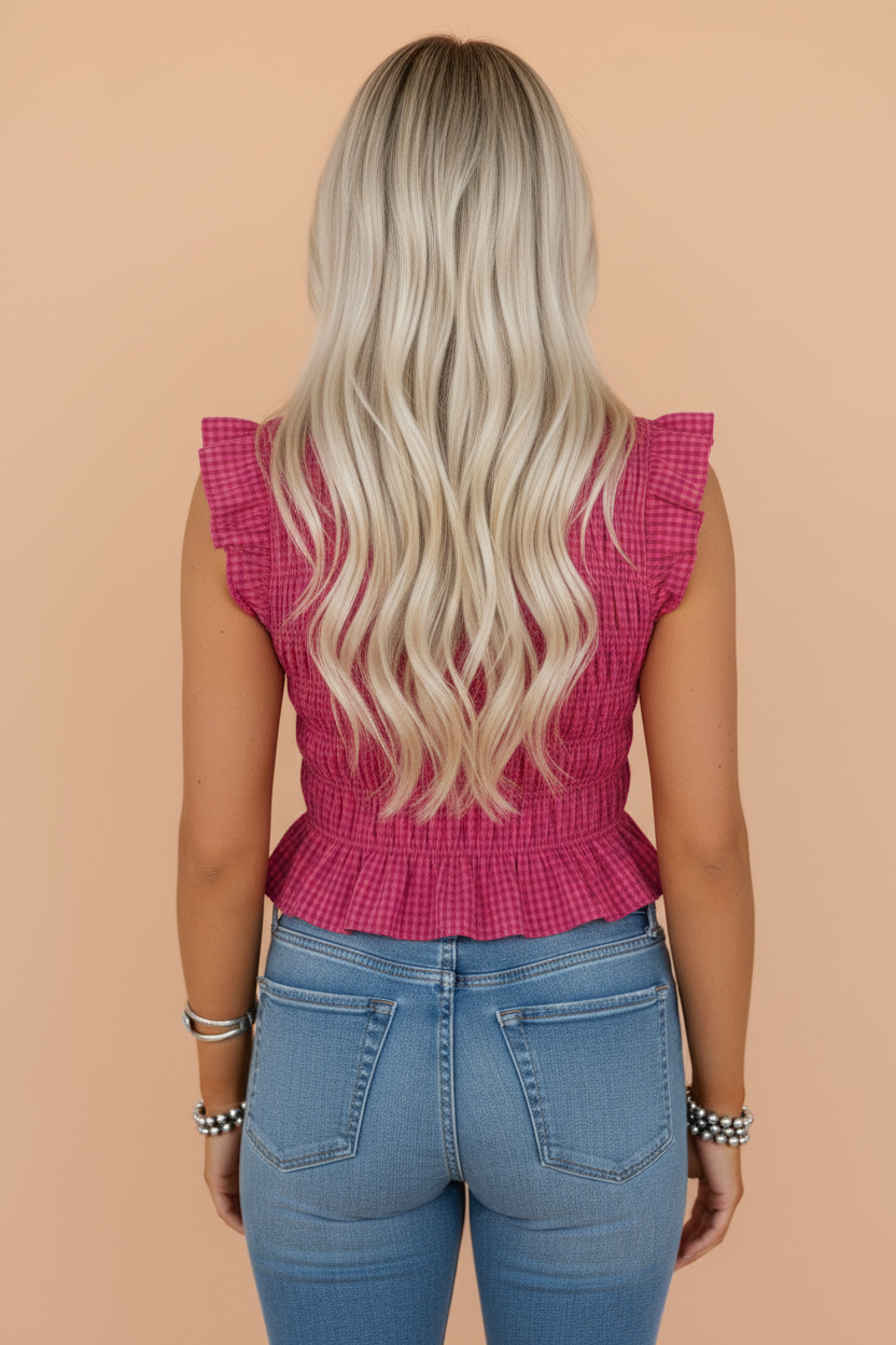 Gingham Plaid Shirred Tank Top