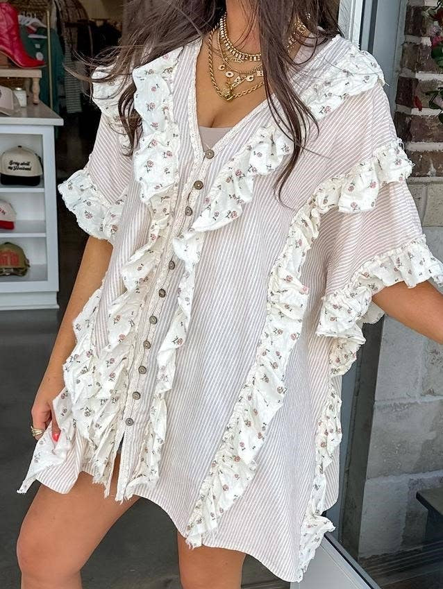 Western cowgirl Floral ruffle frill panel oversized shirt