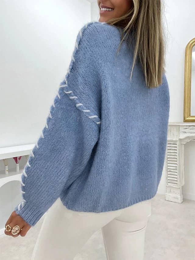 Round neck stitch design loose pullover sweater: BLUE