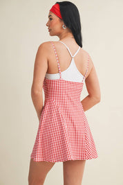 Gingham Print Double Layered Dress: Red Gingham
