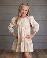 Girls Tan Gingham & Vintage Lace Puff Sleeve Tiered Dress