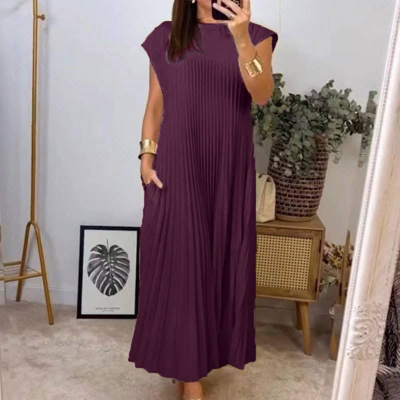 Elegant fashion round neck sleeveless pleated long dress: WINE