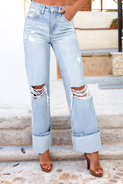 Light Wash Distressed Flare Jeans: Beau Blue