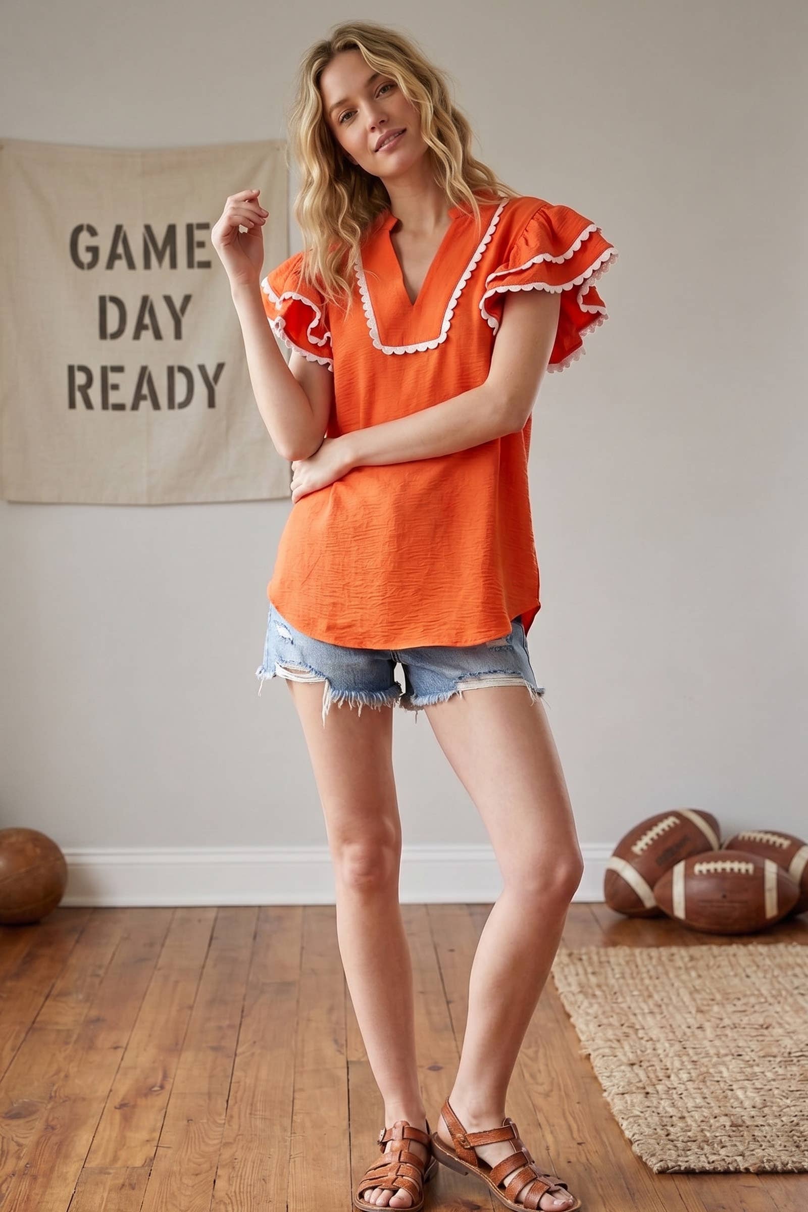 Ruffle Sleeve Scallop Trim Top