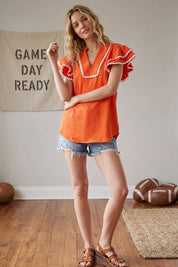 Ruffle Sleeve Scallop Trim Top
