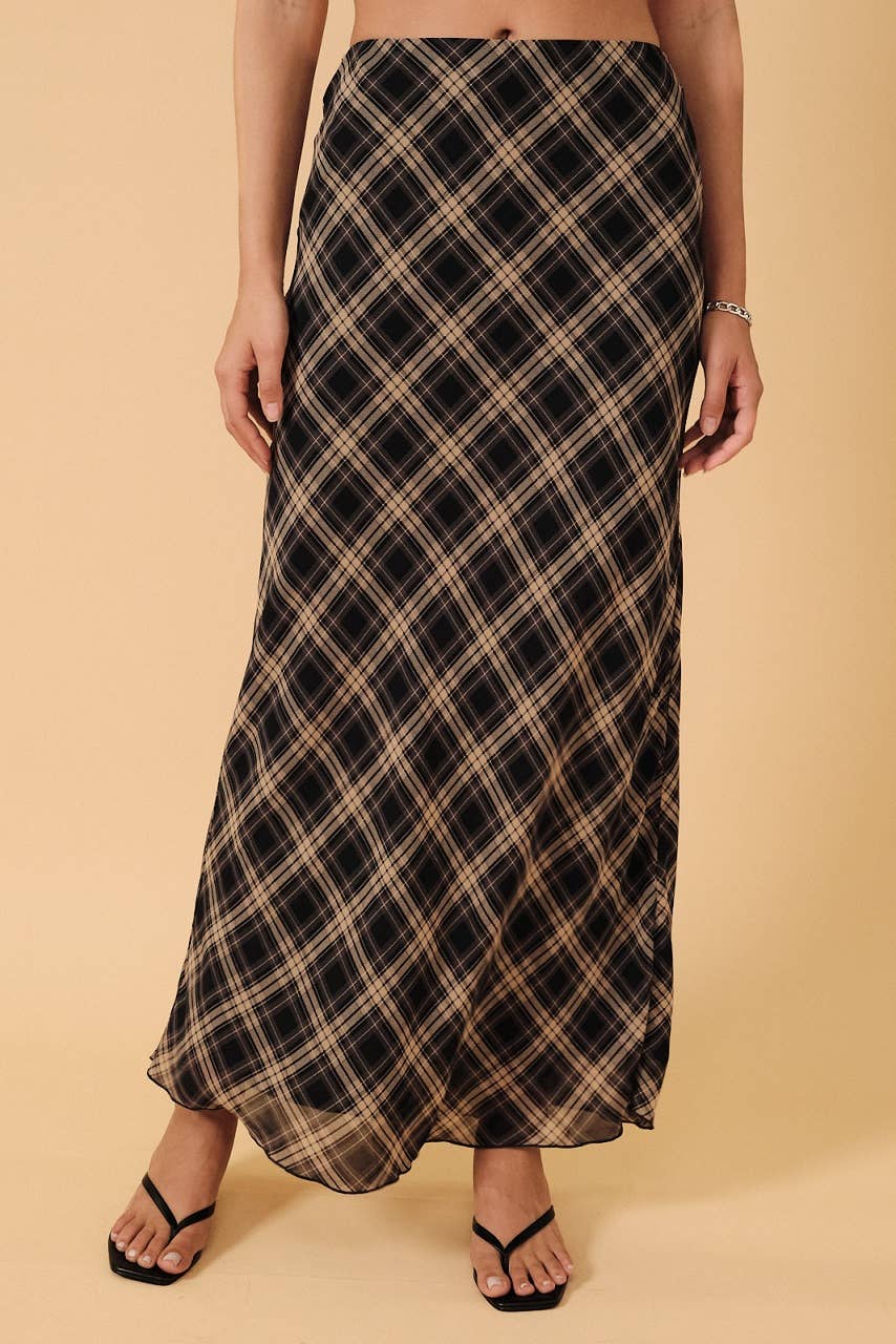 HIGH WAIST PLAID CHIFFON MIDI SKIRT: NAVY
