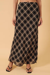 HIGH WAIST PLAID CHIFFON MIDI SKIRT: NAVY