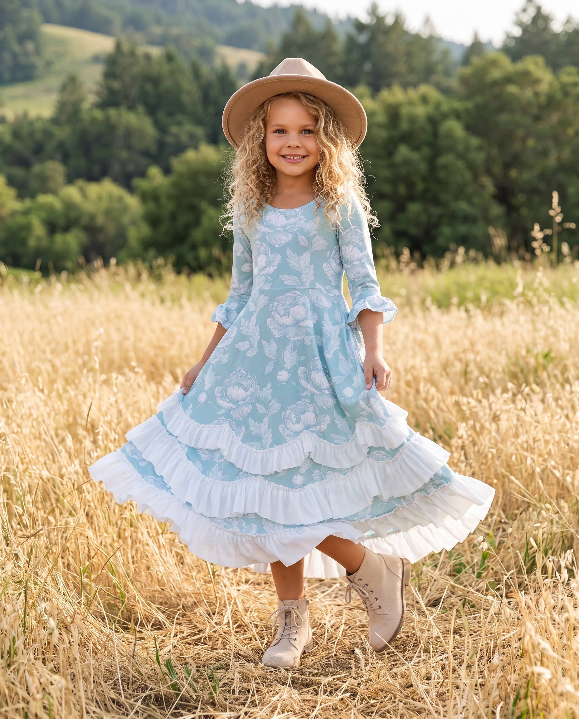 Girls Bella Soft Sage & Winter White Twirl Ruffles Dress