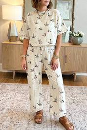 Mallard Print Cropped Tee Drawstring 2pcs Pants Set