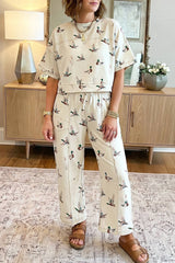 Mallard Print Cropped Tee Drawstring 2pcs Pants Set