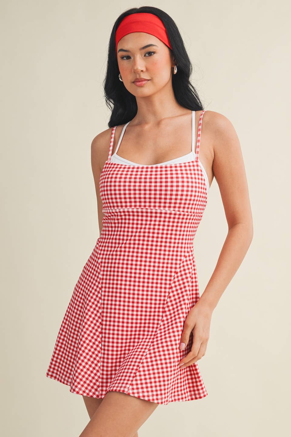 Gingham Print Double Layered Dress: Red Gingham