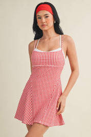 Gingham Print Double Layered Dress: Red Gingham