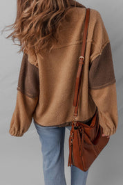 Colorblock Patch Half Button Sherpa Sweatshirt