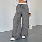 Striped High Waist Wide Leg Casual Drawstring Pants - Black