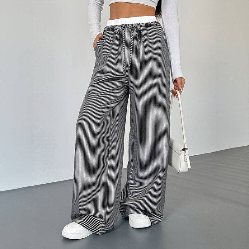 Striped High Waist Wide Leg Casual Drawstring Pants - Black