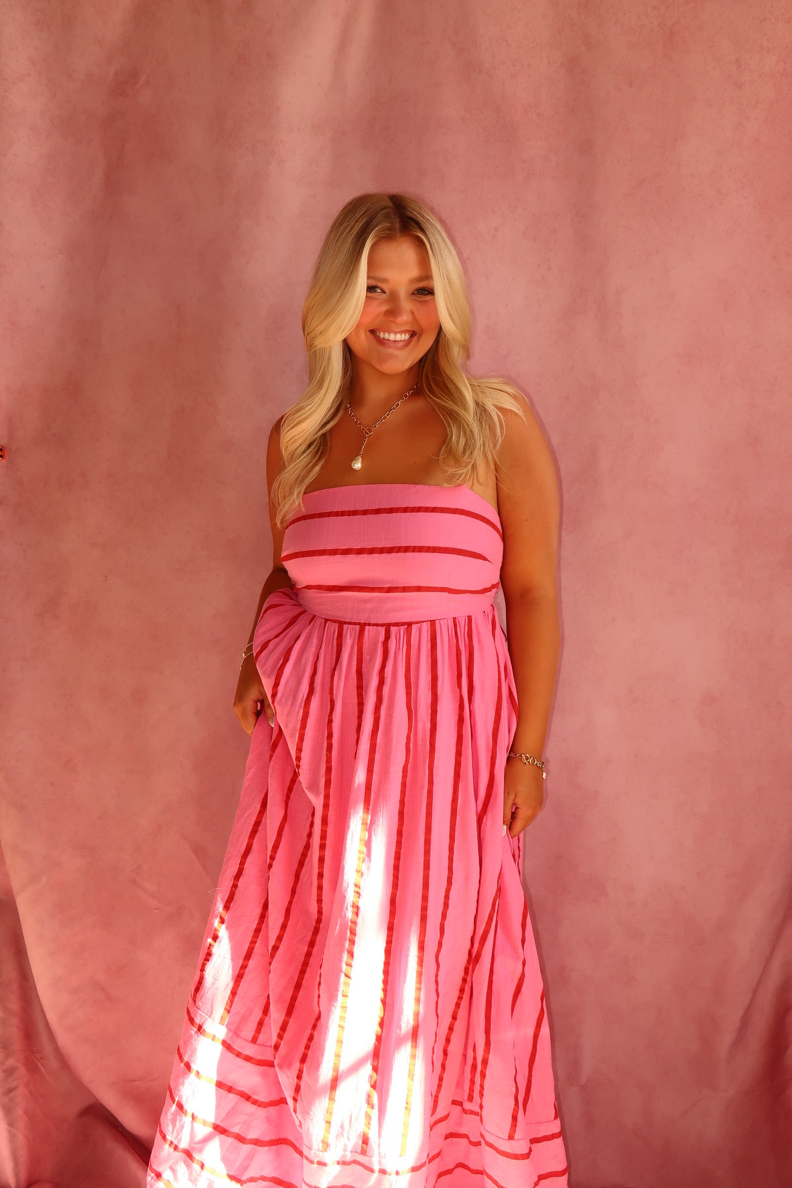 Woven Cotton Striped Square Flare Midi Dress