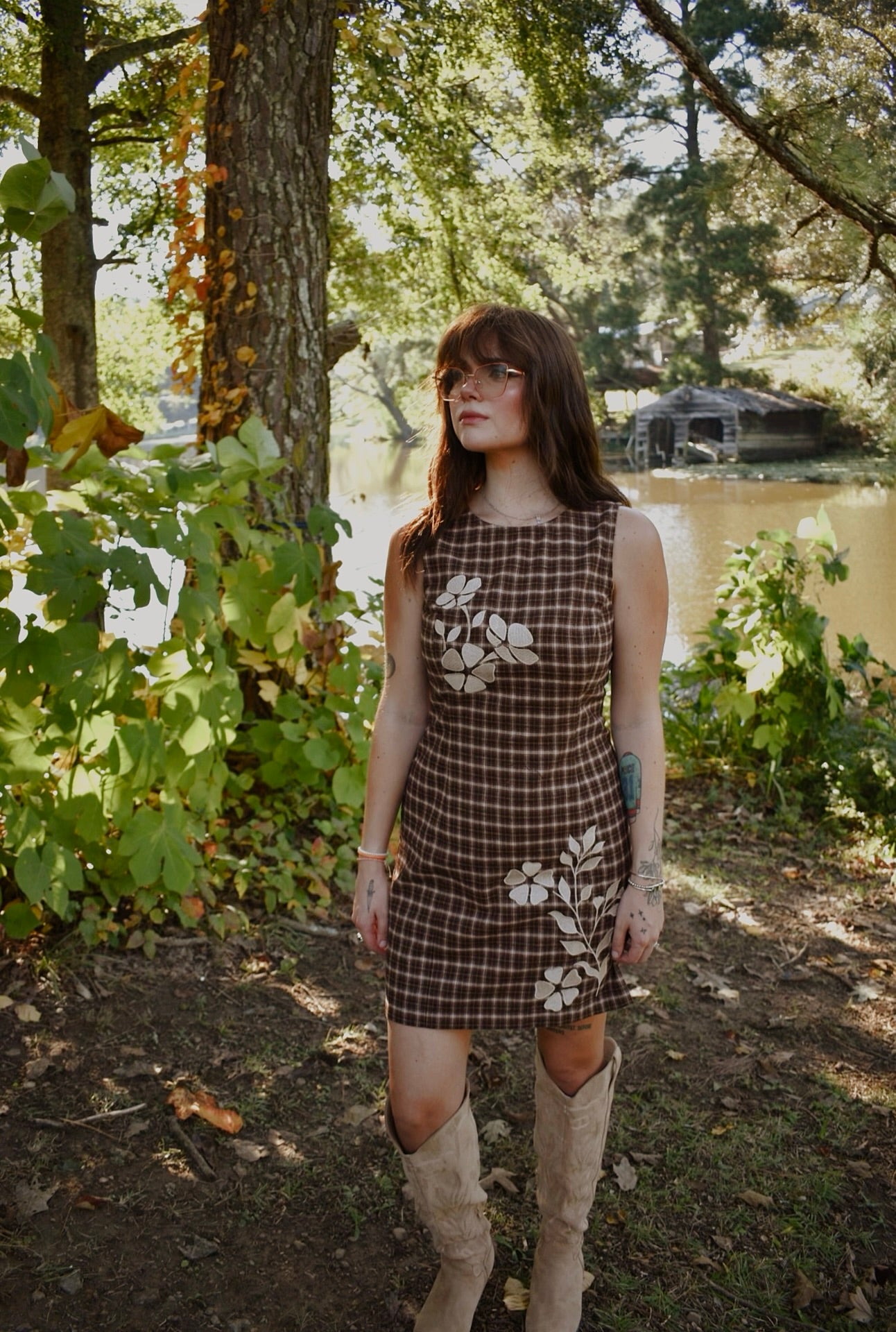 COUNTRYSIDE EMBROIDERED PLAID FITTED MINI DRESS